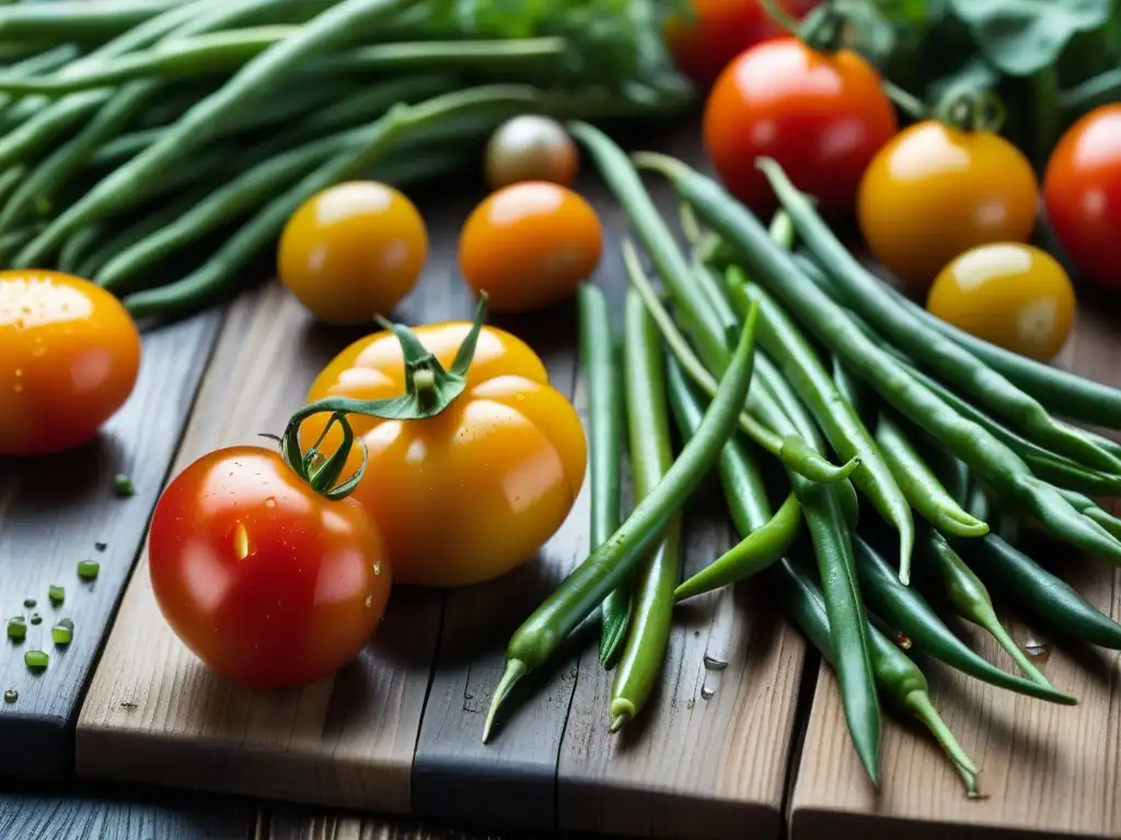 Una mezcla vibrante de vegetales a la francesa en Rusia, frescos y coloridos, con gotas de agua y tierra, sobre mesa de madera