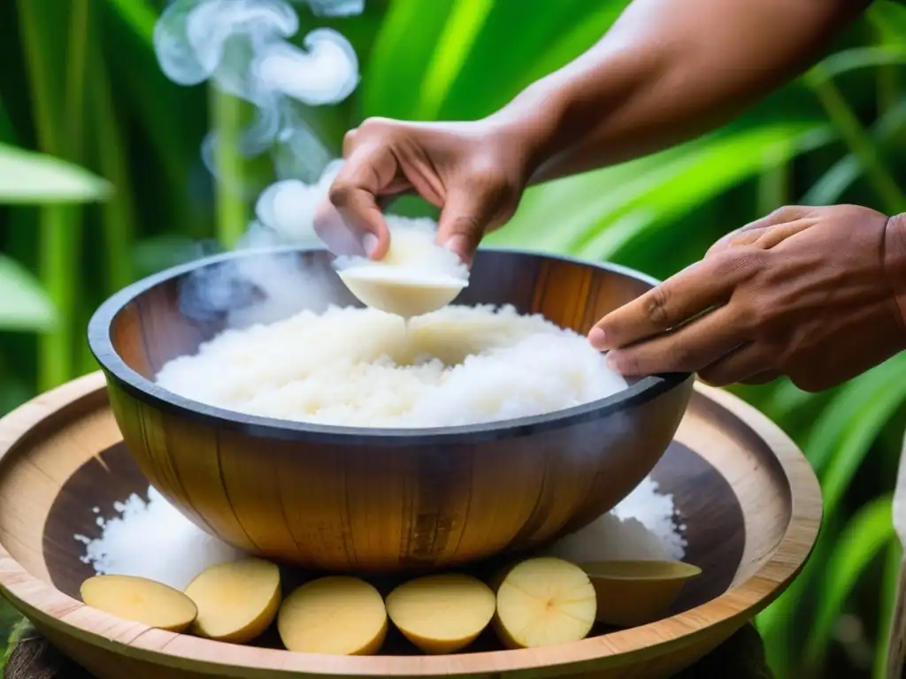 La fermentación en Micronesia beneficios: Indígena mezcla ingredientes en cuenco de madera rodeado de exuberante vegetación tropical