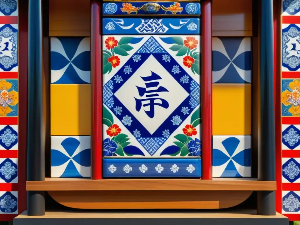 Un mikoshi japonés tradicional adornado con azulejos portugueses, reflejando la influencia cultural de Portugal en festividades japonesas