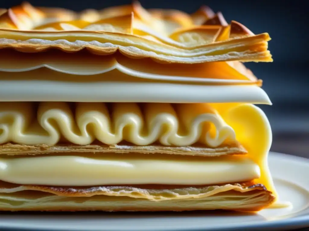 Un millefeuille francés detallado, con hojaldre, crema de vainilla y caramelo, fusionando influencias culinarias europeas y americanas en el siglo XIX