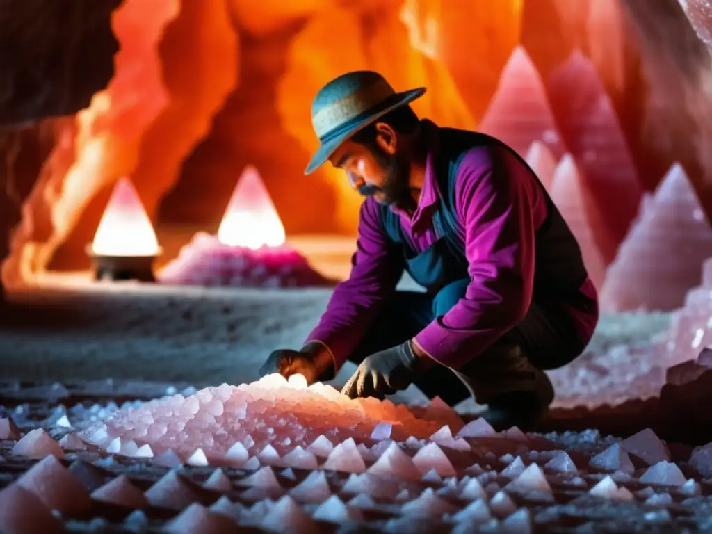 Un minero experto extrae cristales rosados de sal en una mina del Himalaya, mostrando los beneficios de la sal rosada Himalaya