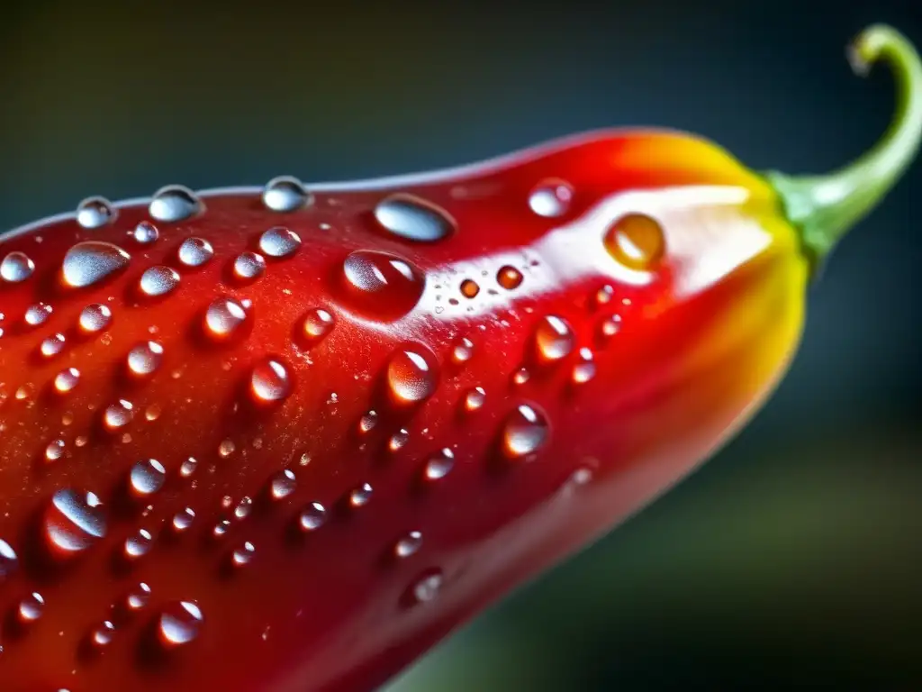 Una mirada cercana a un vibrante chile rojo con gotas de agua, resaltando la importancia histórica de las especias