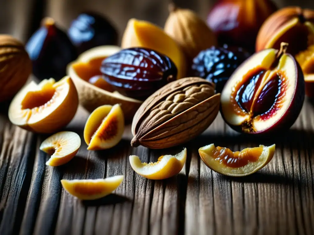 Una mirada detallada a frutos secos y frutas secas antiguas en una superficie de madera desgastada