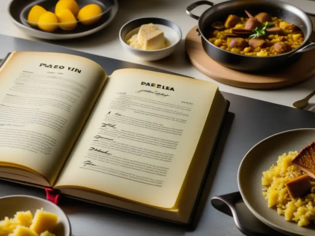 Una mirada detallada a un libro de recetas vintage con instrucciones escritas a mano sobre platos tradicionales como paella, coq au vin y tiramisú