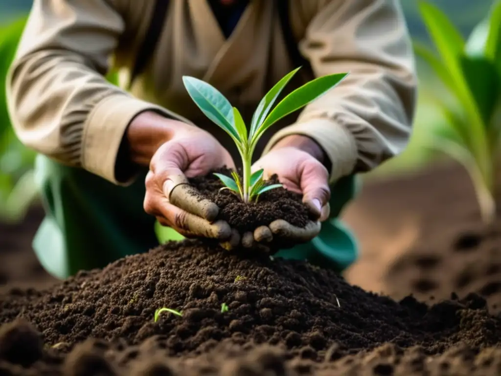 Un misionero portugués planta con cuidado un cultivo extranjero en un paisaje tropical