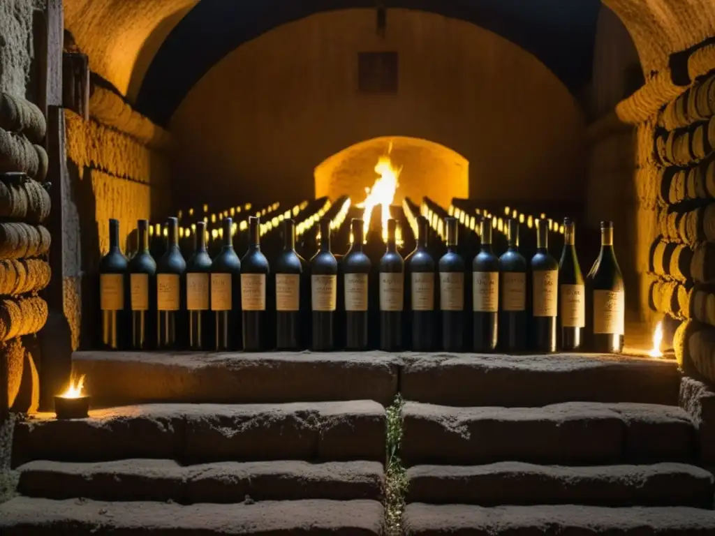 Misteriosas catacumbas vinícolas con botellas de vino antiguas, iluminadas por antorchas