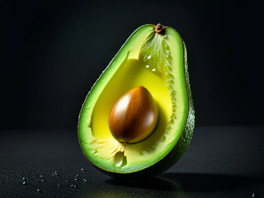 Una mitad de aguacate maduro con su textura detallada y color verde vibrante, listo para disfrutar en deliciosas recetas