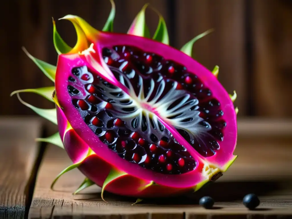 Mitad de pitahaya exótica en madera rústica, resaltando su pulpa fucsia y semillas