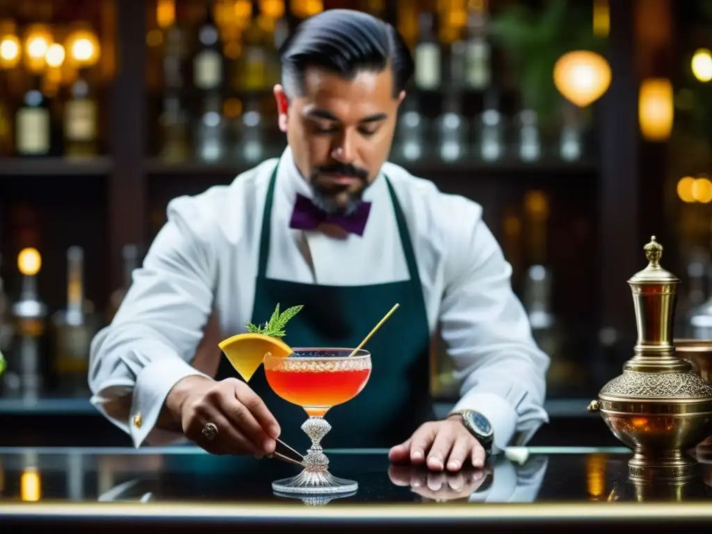 Un mixólogo experto prepara un cóctel renacentista, destacando la relevancia histórica en un elegante bar decorado