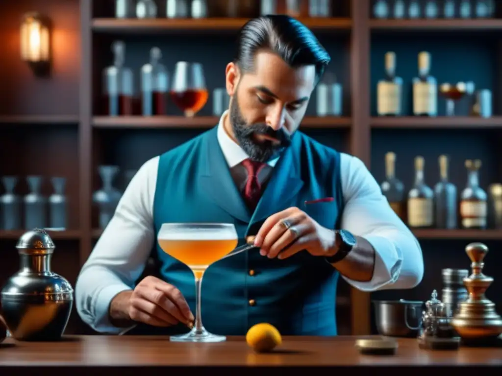 Maestro coctelero reviviendo la historia en cada gota Un mixólogo experto elabora cócteles antiguos del Renacimiento con precisión, en un ambiente histórico y moderno a la vez
