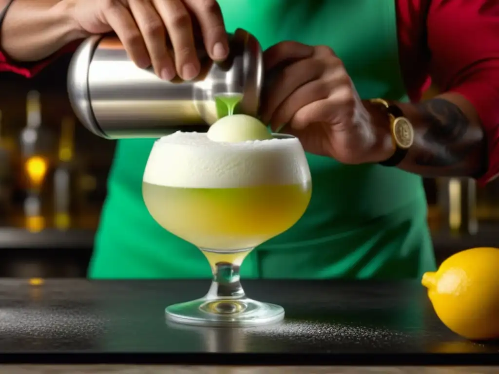 Un mixólogo experto prepara un Pisco Sour, fusionando recetas históricas con técnicas modernas en una imagen detallada 8k