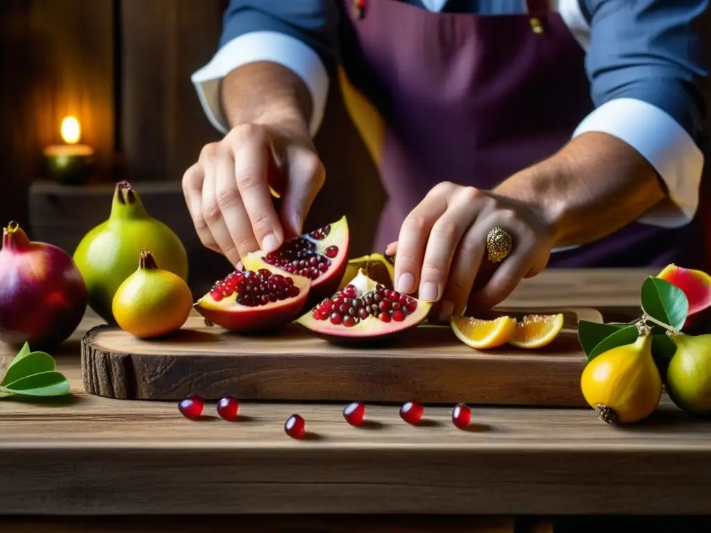 Un mixólogo experto en técnicas antiguas cócteles Renacimiento dispone con destreza frutas exóticas en una barra de madera rústica