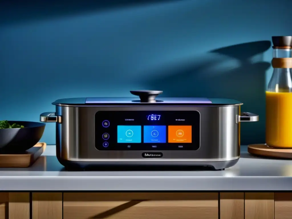 Smart cooking device moderno y vibrante, mezcla historia y tecnología en cocina histórica gadgets diferencia