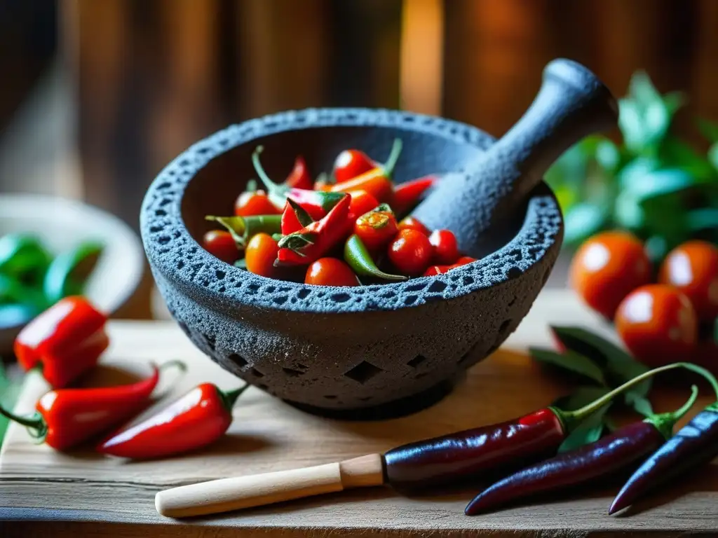 Un molcajete lleno de chiles rojos, tomates asados y hierbas aromáticas en una mesa rústica con utensilios antiguos y textiles coloridos