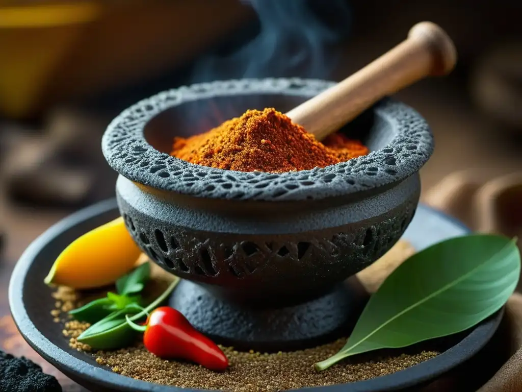 Molcajete mexicano lleno de especias molidas en colores vibrantes, evocando recetas históricas Revolución Mexicana