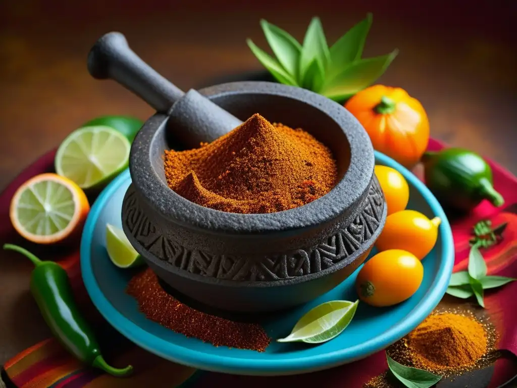 Un molcajete mexicano lleno de especias vibrantes, resaltando sus colores y texturas, evocando la historia y revolución de la gastronomía mexicana