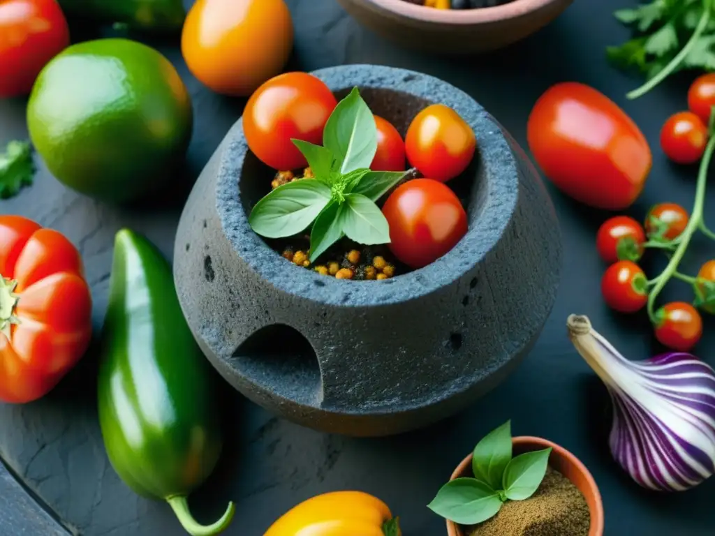 Un molcajete mexicano lleno de ingredientes coloridos, capturando la esencia de la cultura gastronómica de México con recetas históricas