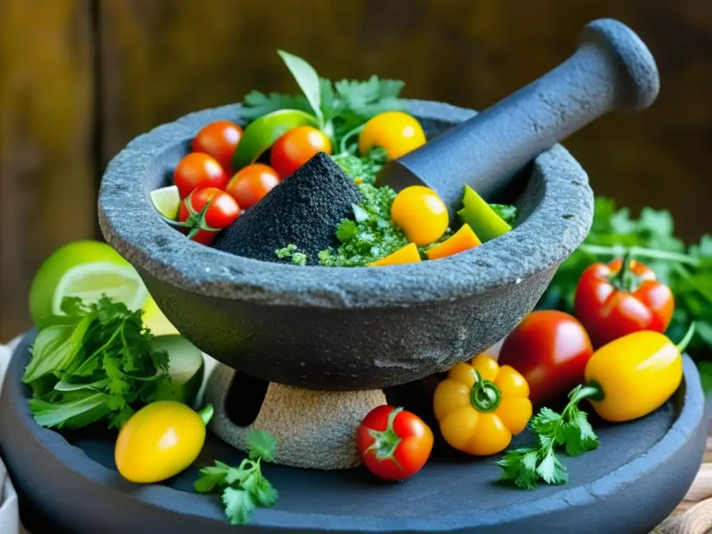 Un molcajete mexicano lleno de ingredientes coloridos, como tomates, cilantro y chiles, evocando recetas históricas de la independencia