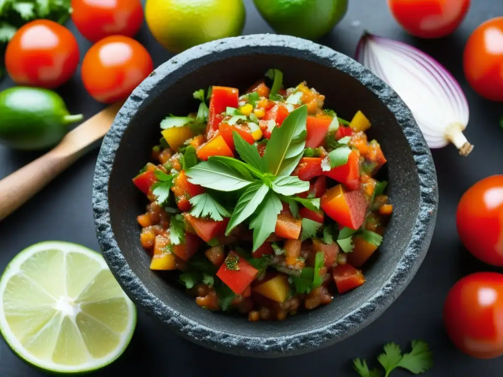 El molcajete mexicano con salsa fresca destaca los ingredientes de platillos históricos de la Revolución Mexicana