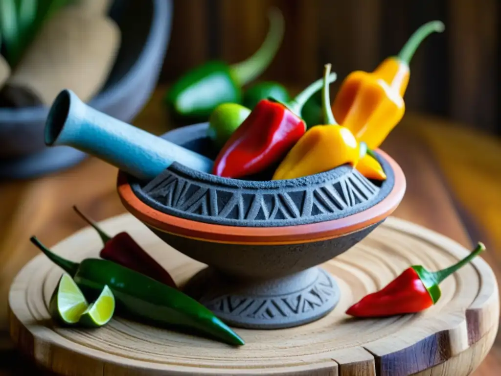 Un molcajete y tejolote coloridos y detallados en una mesa de madera