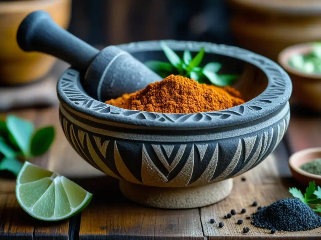 Un molcajete y tejolote desgastados por el tiempo en una mesa rústica, símbolos de la cocina de las Mujeres durante la Revolución Mexicana