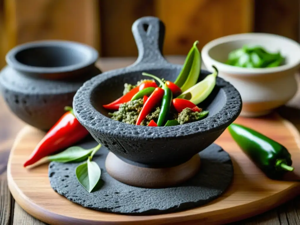 Un molcajete y tejolote mexicano en una mesa de madera rústica, con ingredientes frescos