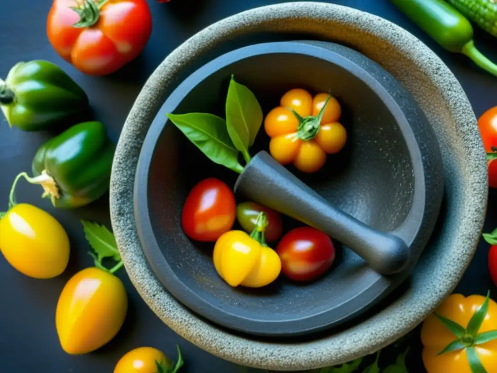 Un molcajete tradicional lleno de ingredientes vibrantes captura la transformación de la cocina indígena a la colonial