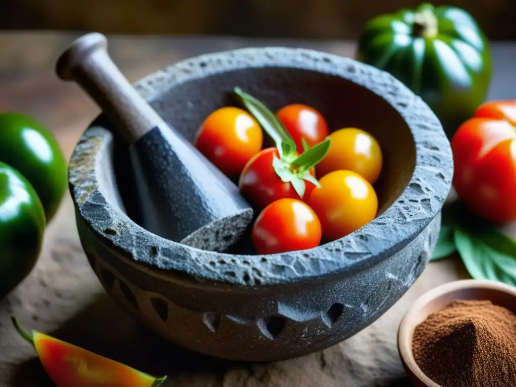 Un molcajete tradicional lleno de ingredientes indígenas en vibrantes colores