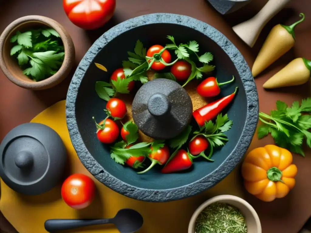 Un molcajete tradicional rebosante de ingredientes vibrantes rodeado de utensilios de cocina antiguos