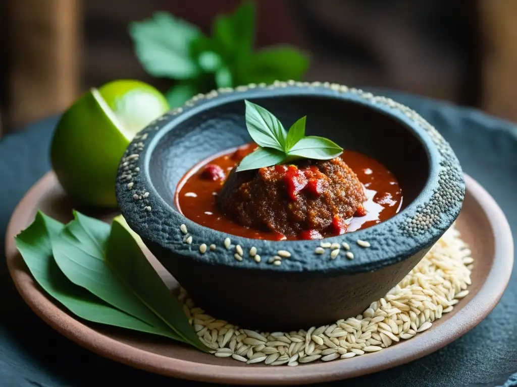 Un molcajete tradicional rebosante de mole rojo, semillas de sésamo, cilantro y limón