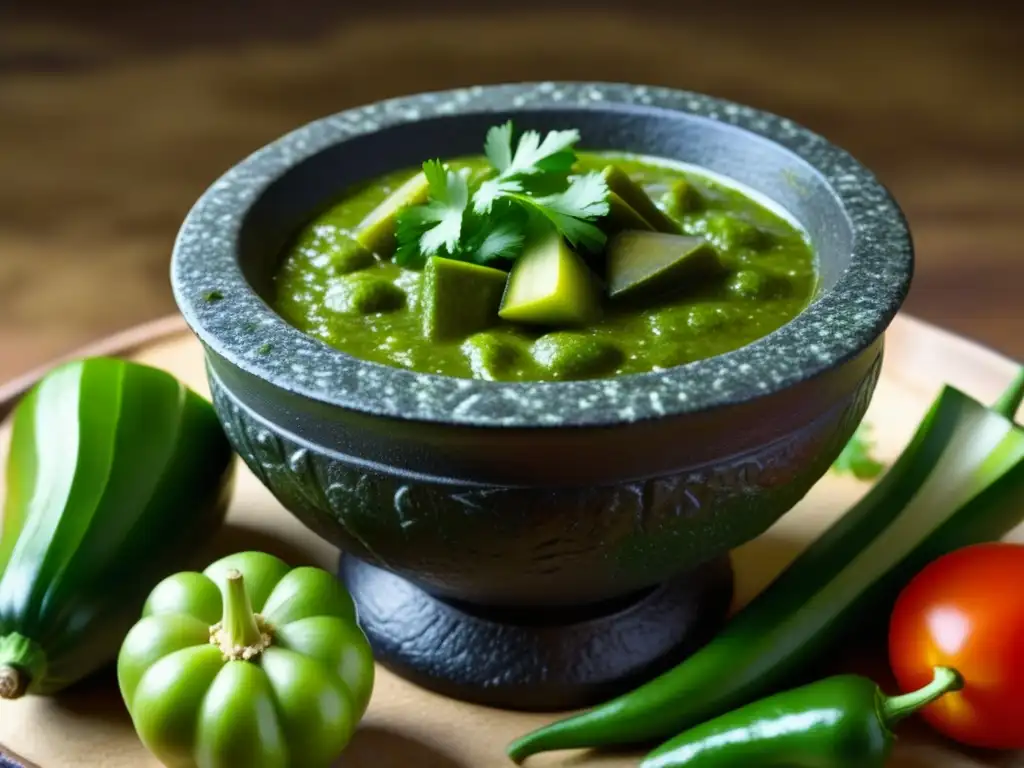 El molcajete tradicional rebosante de salsa verde, muestra la historia culinaria azteca de México