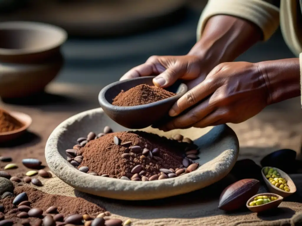 Molienda artesanal de cacao en metate, resaltando origen y evolución del chocolate