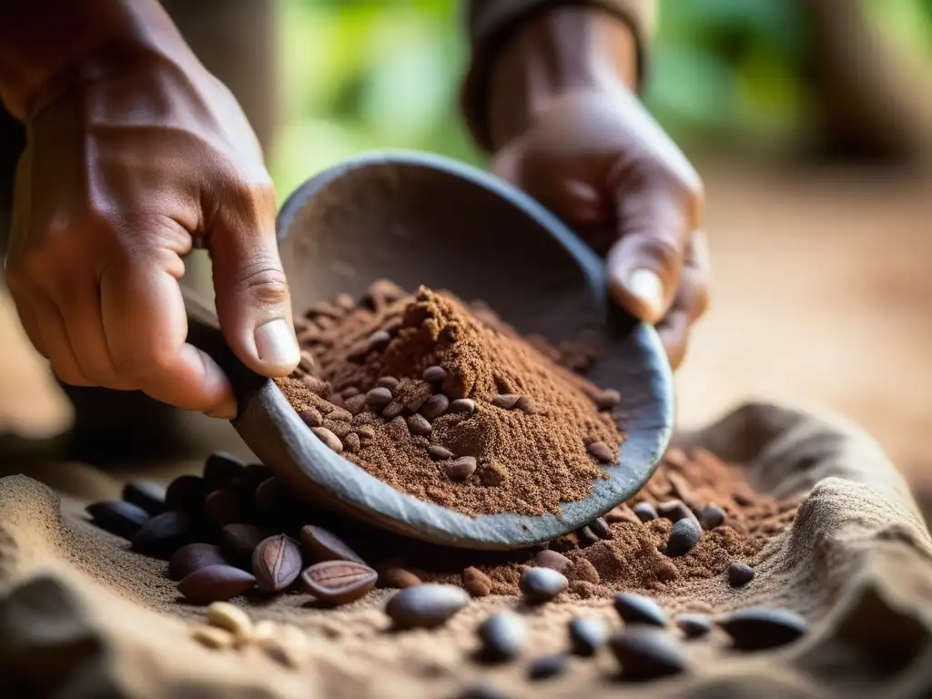 Molienda de cacao en metate, mostrando detalle y textura