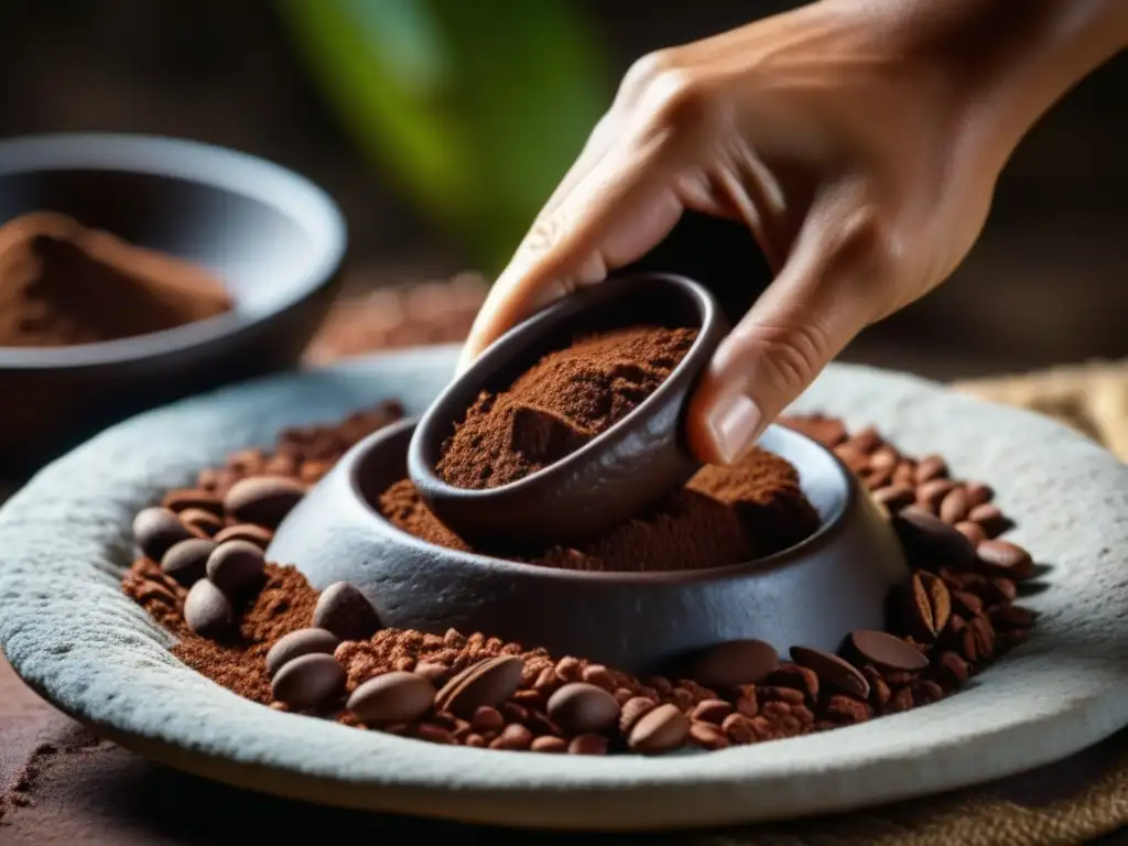 Molienda de cacao en metate de piedra mostrando el origen y evolución del chocolate