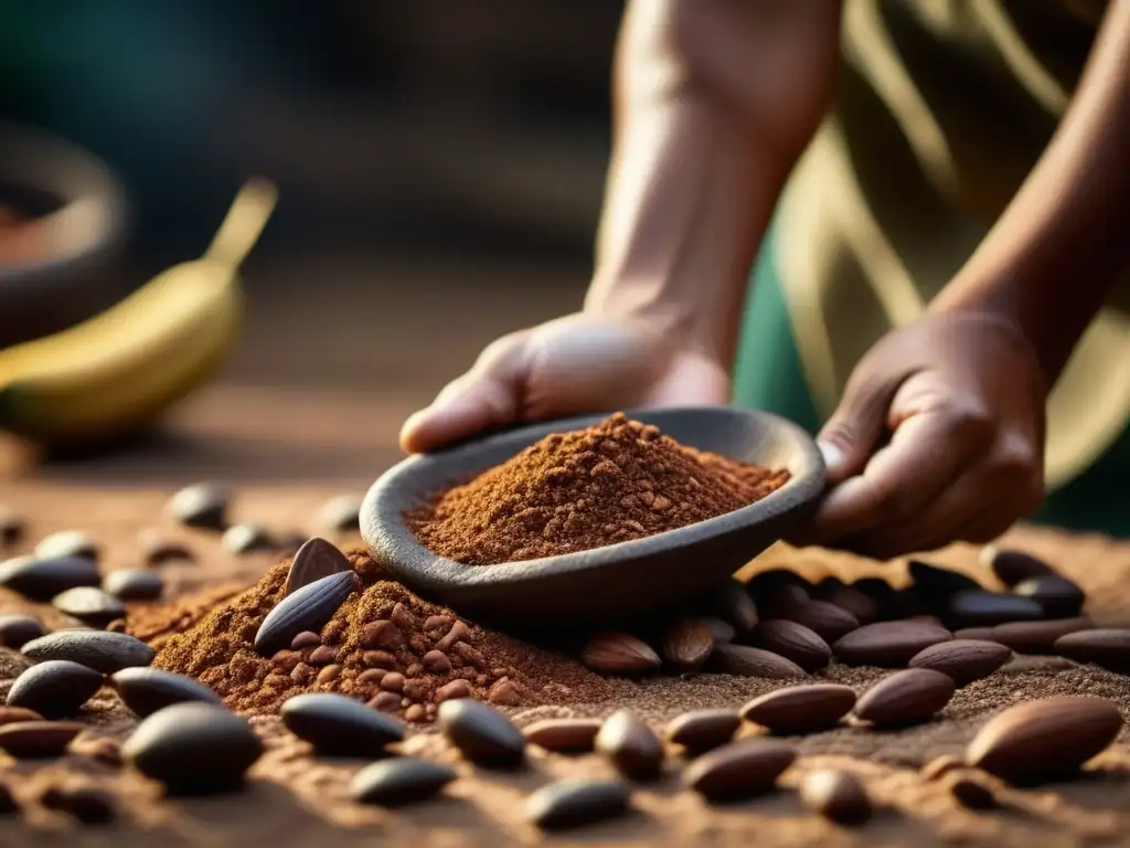 Molienda de granos de cacao en metate tradicional, resaltando texturas y colores