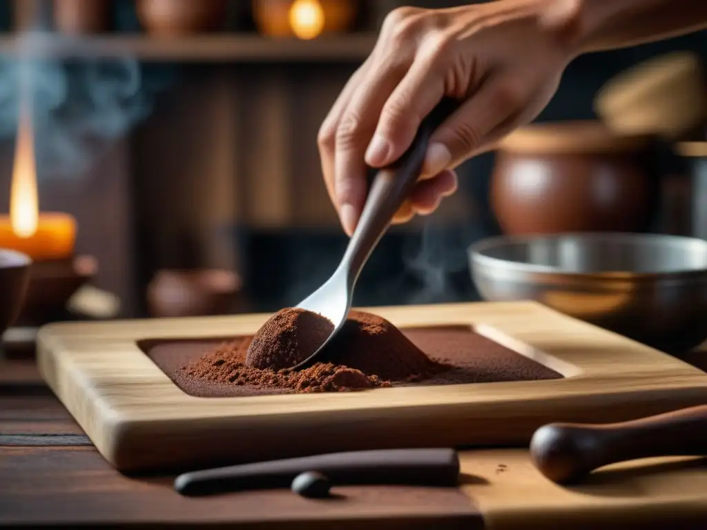 Un molinillo de chocolate mexicano removiendo una rica mezcla de chocolate en una cocina rústica, evocando la historia del chocolate en recetas