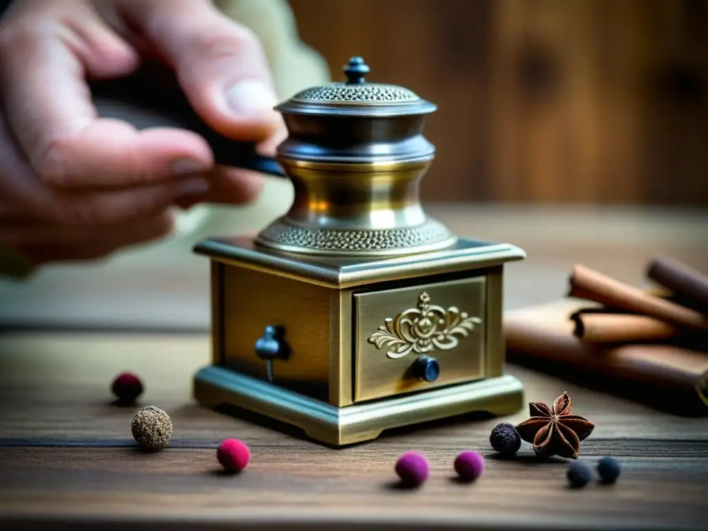 Un molinillo de especias de latón antiguo lleno de clavos, canela y pimienta, en una mesa de madera desgastada