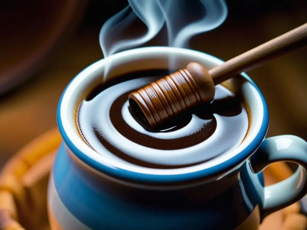 Remolino de sabores: chocolate caliente europeo con molinillo mexicano Un molinillo mexicano removiendo un chocolate caliente europeo, fusionando culturas