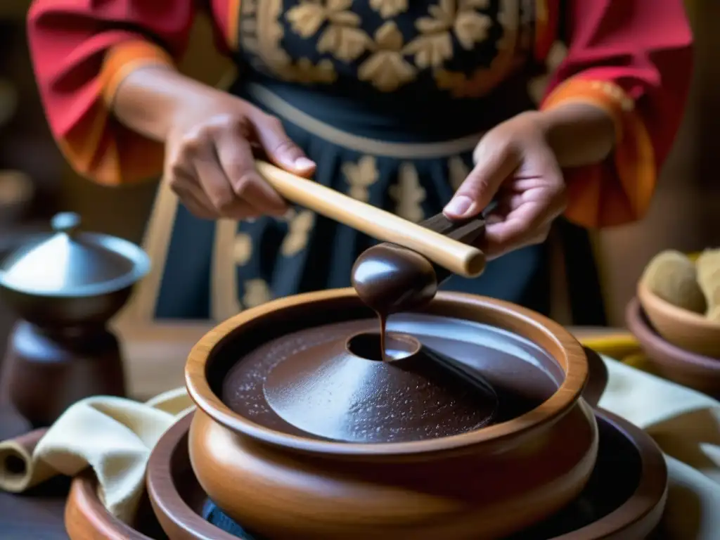 Un molinillo mexicano removiendo chocolate espumoso