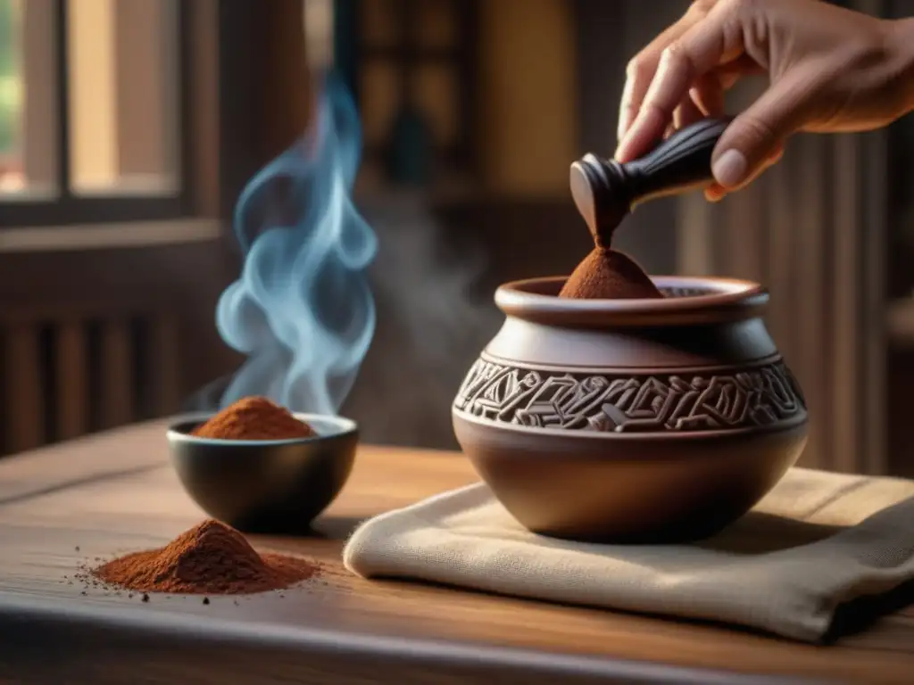 El molinillo mexicano remueve chocolate en olla de barro