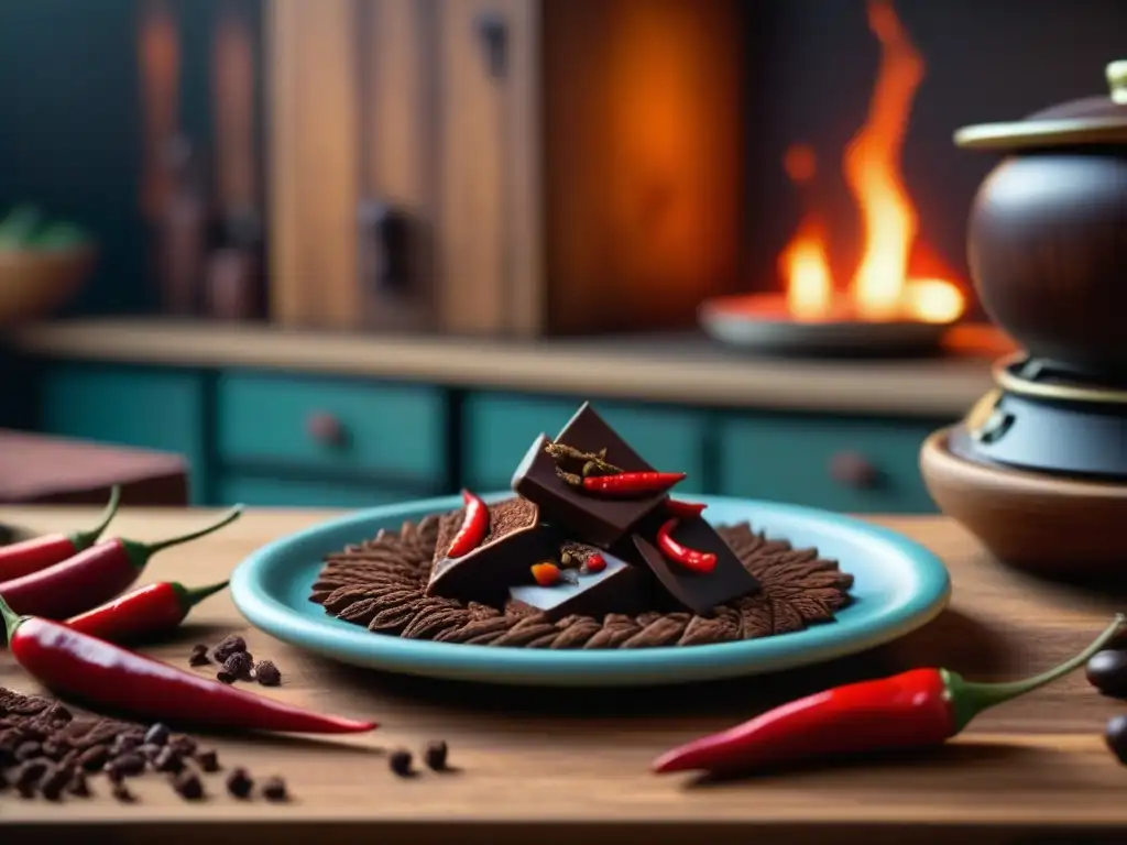 Un molinillo tradicional mexicano removiendo un exquisito chocolate oscuro con chiles rojos en una cocina prehispánica