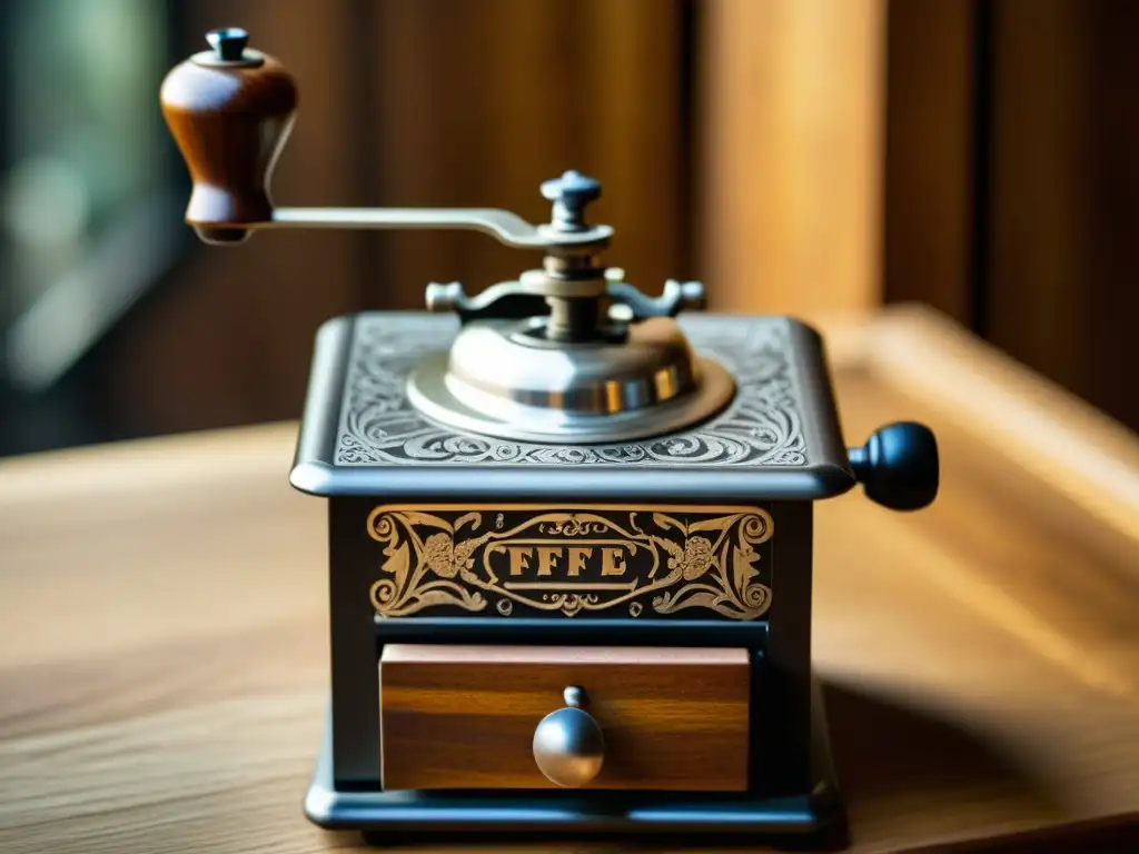 Un molinillo de café vintage detallado, con grabados intrincados y luz cálida, evoca historia y evolución tecnológica en la molienda de café