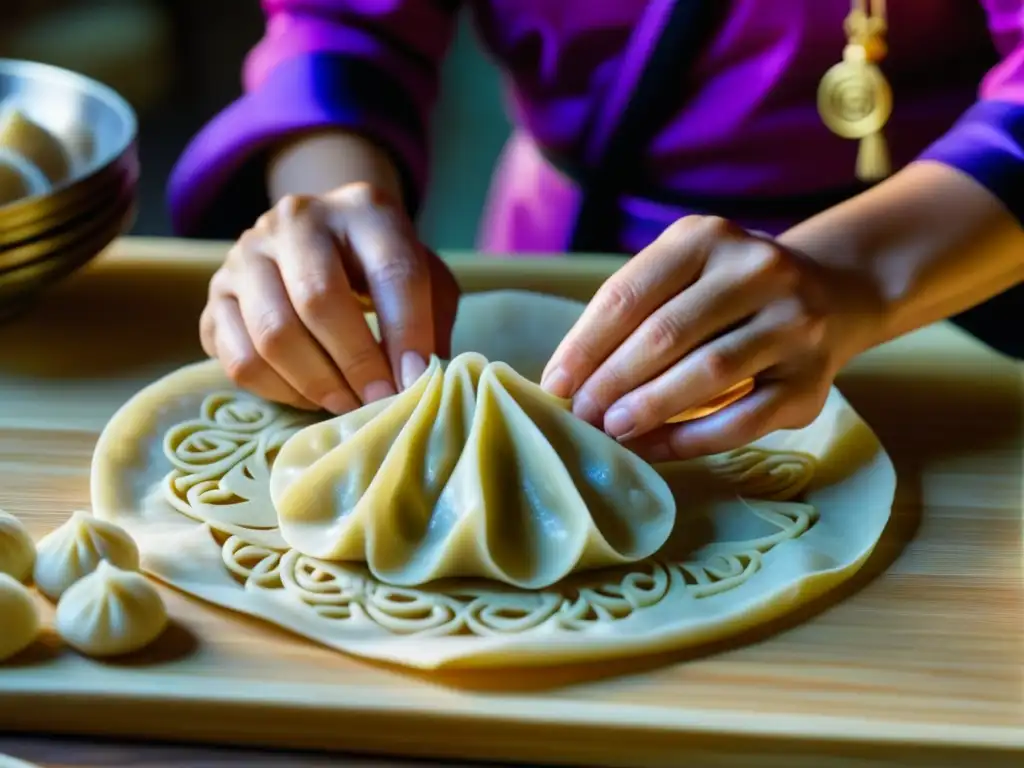 Un momento ancestral: manos expertas crean patrones en masa para dumplings chinos, evocando recetas históricas de la Ruta de la Seda