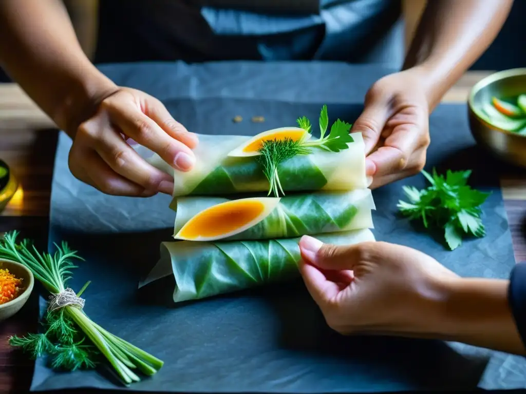 Un momento culinario único: manos expertas crean un rollito primavera fusionando técnicas de cocina IndoChina