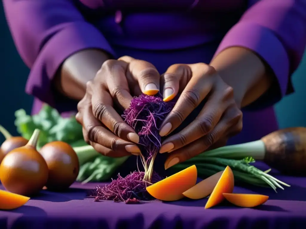 Un momento de conexión con la Historia del Ñame en el Caribe, al pelar con cuidado un ñame morado, resaltando sus colores y texturas