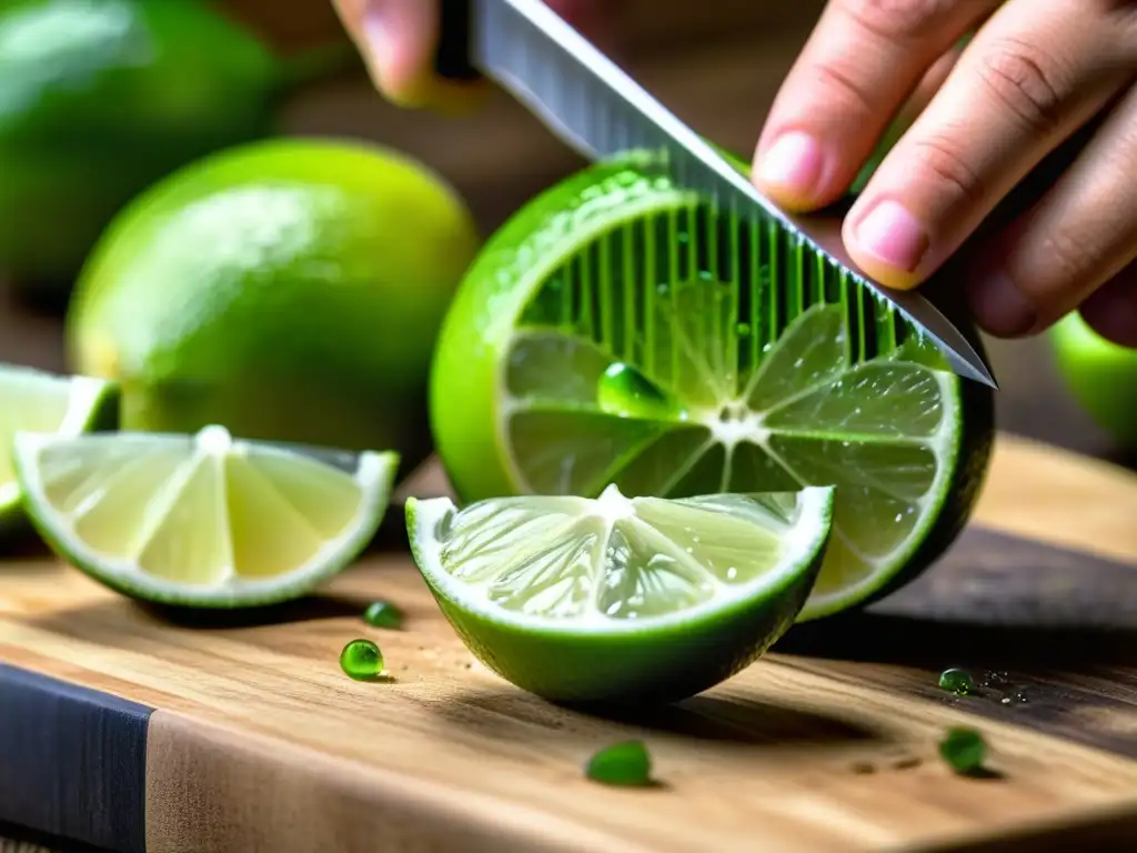 Un momento íntimo y cuidadoso al cortar limones verdes frescos sobre una tabla de madera rústica, para crear la base de un perfecto Pisco Sour