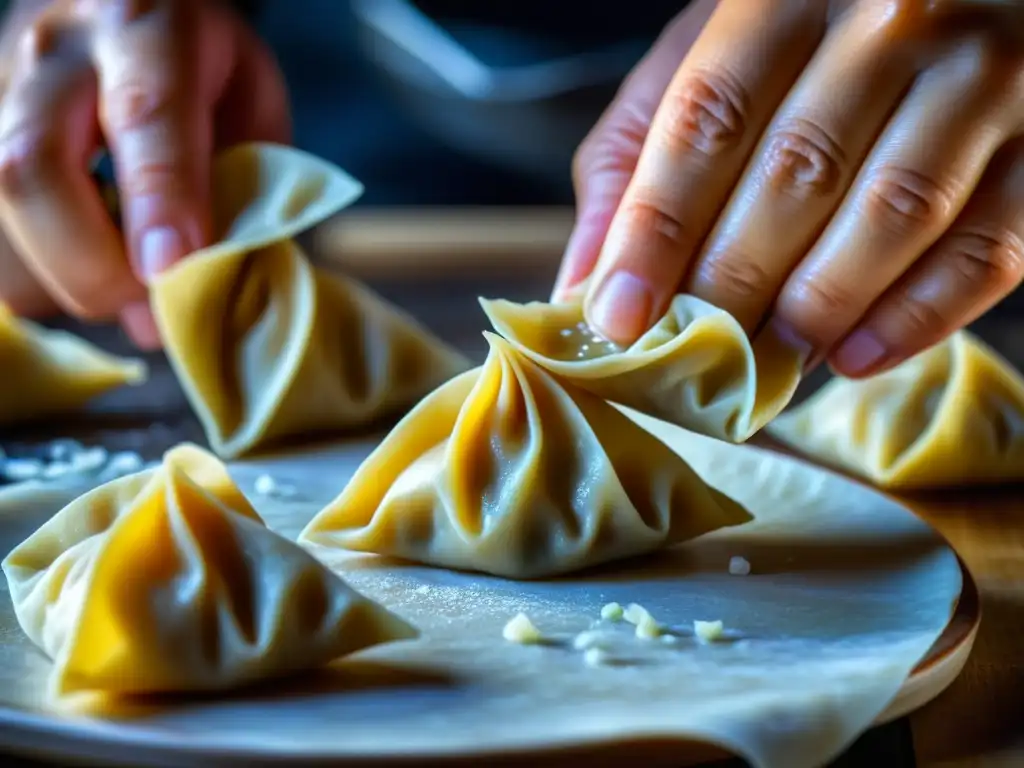 Un momento de maestría culinaria: manos expertas elaborando wontons, fusionando influencias asiáticas en cocina europea