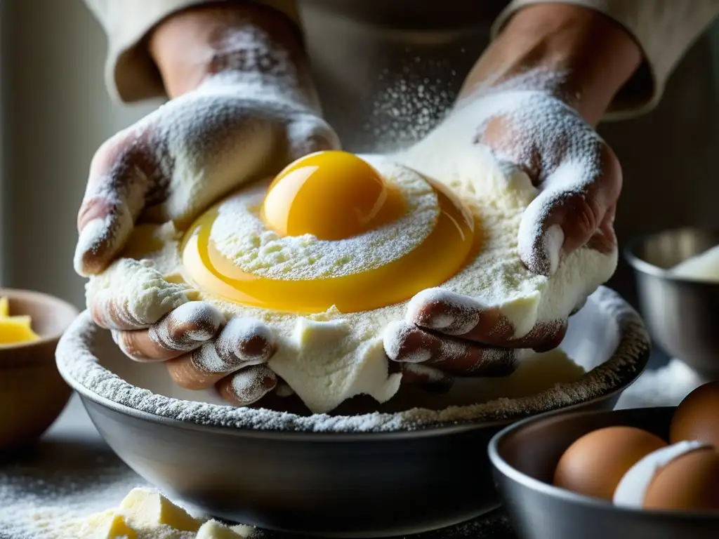 Un momento mágico en la historia cultural de la receta de Castella: manos de panadero mezclando ingredientes con cuidado en un tazón de vidrio