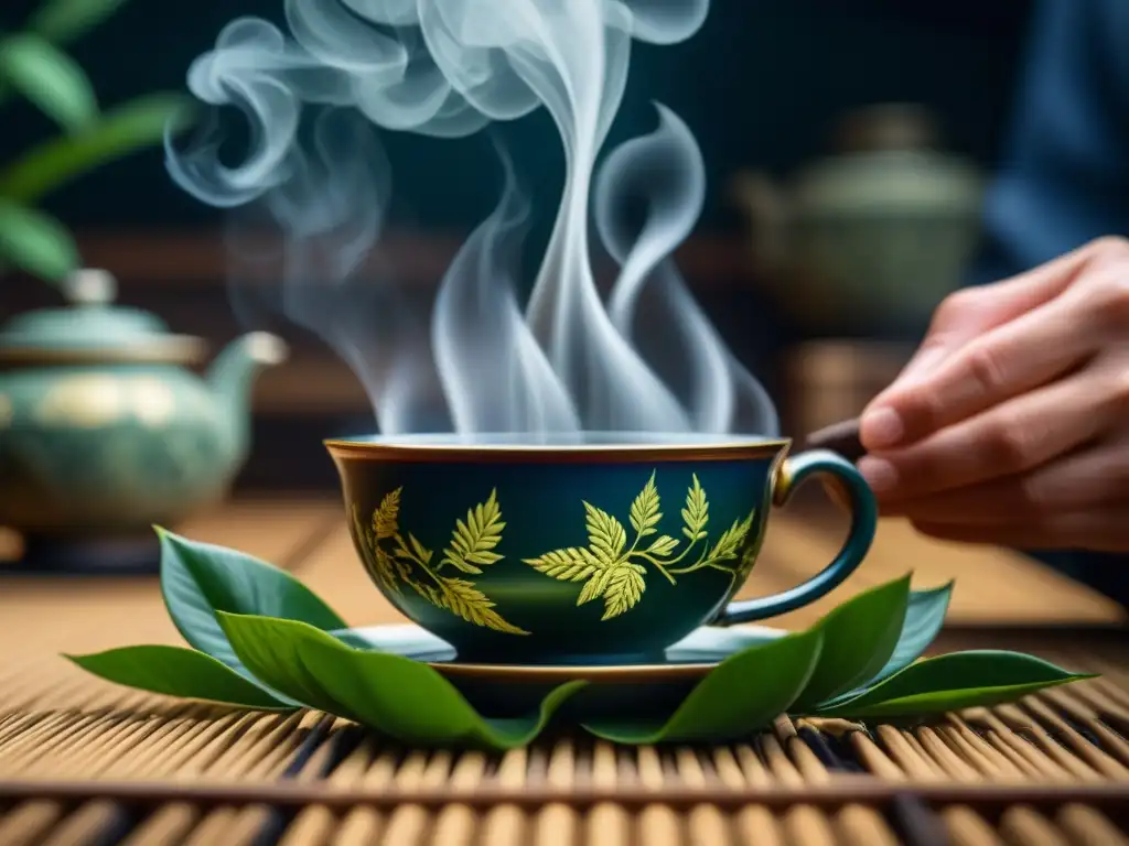 Un momento mágico: hojas de té desplegándose en agua caliente durante una ceremonia japonesa, fusionando innovaciones producción comercialización té