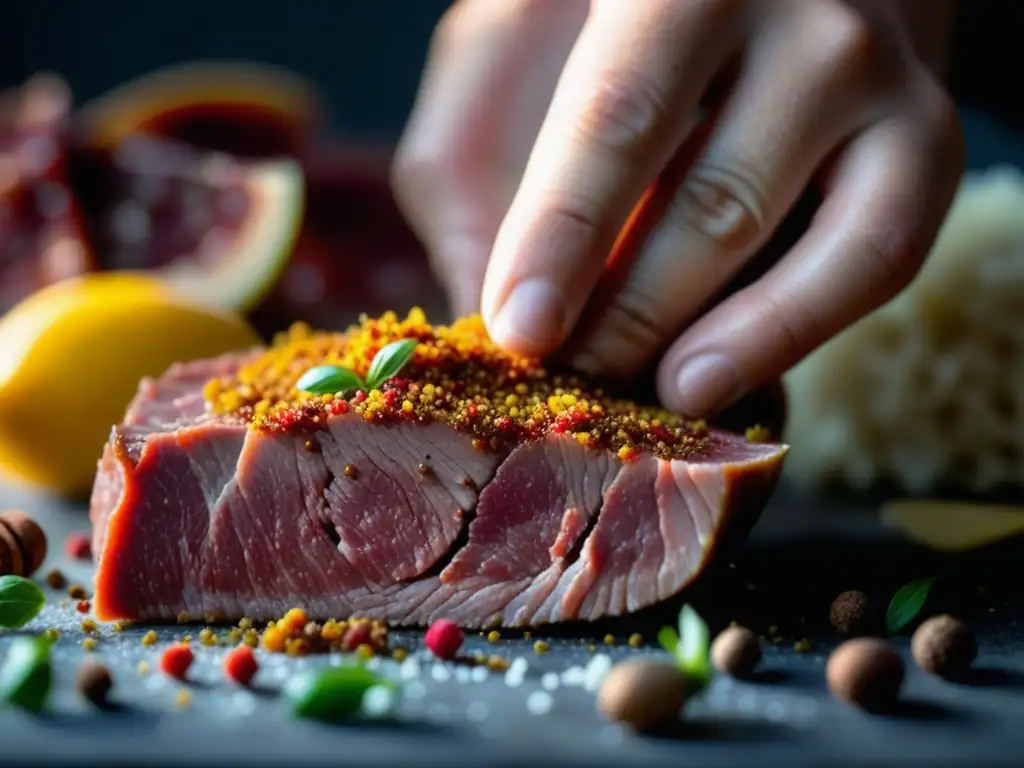 Un momento mágico: mano esparciendo mezcla de especias sobre carne cruda